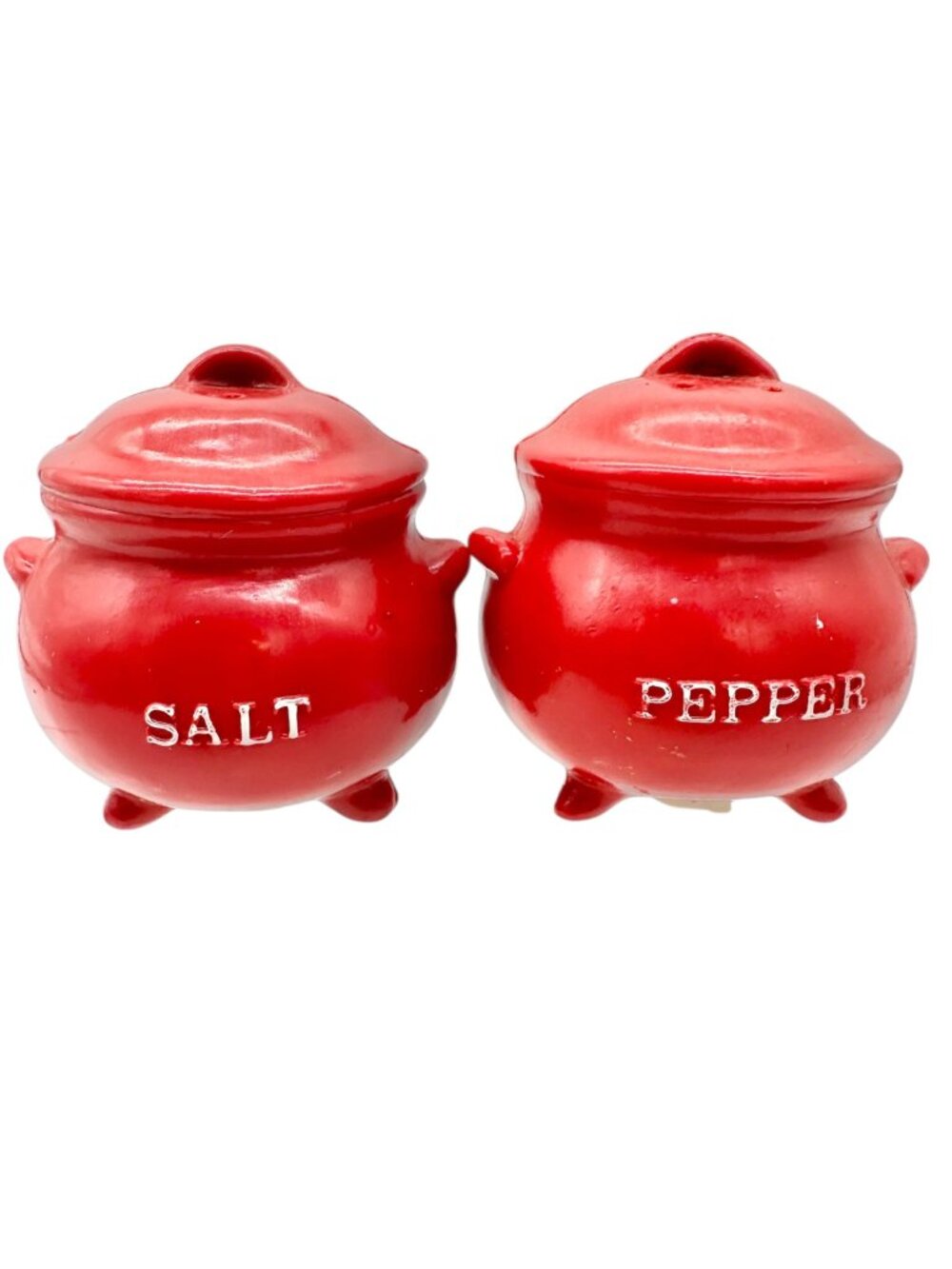 Vintage Pot Shaped Salt and Pepper Shakers Red Plastic with Rubber Stoppers 3x3